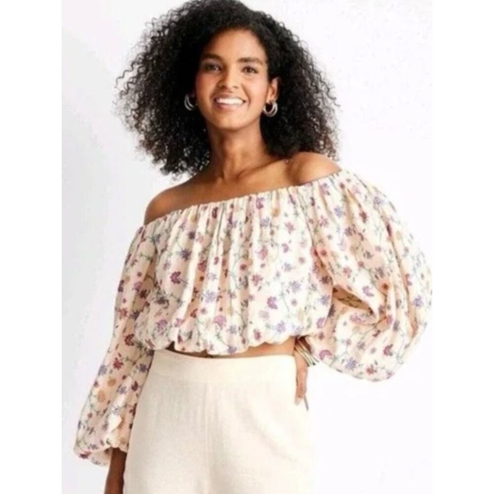 Women Future Collective Cream Floral Puff Cropped Top M Cottage Coquette Country